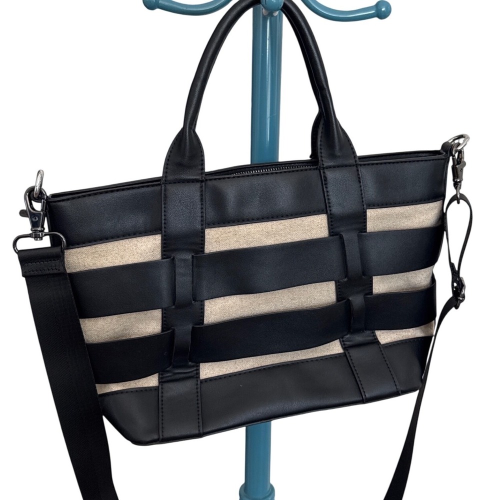Miztique black and cream striped faux leather and canvas tote bag black strap
